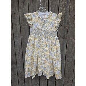 Kidiwi Paris Girls Floral Dress Size 5A Yellow Blue Smocked Waist Ruffle Sleeve
